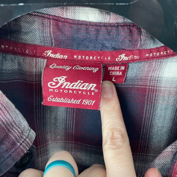 Indian Motorcycle Plaid Button-Up Shirt Mens L Long Sleeve Embroidered Logos - Picture 9 of 12